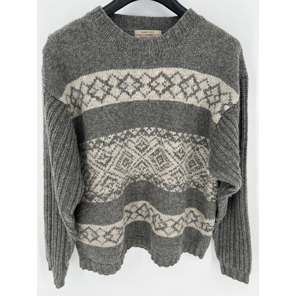 NORTHERN APPAREL Sweater Mens L Grey Hand Knit 100% Shetland Wool‎ Fair Isle